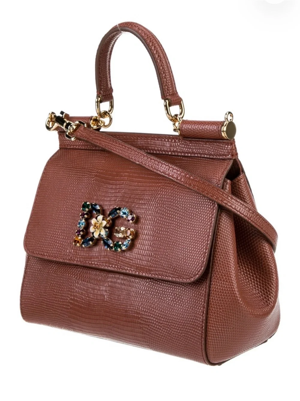Dolce & Gabbana Brown Lizard-Embossed Sicily Top Handle Bag with Jeweled DG